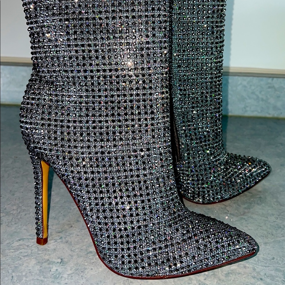 Womens Rhinestone Thin Heel Boots